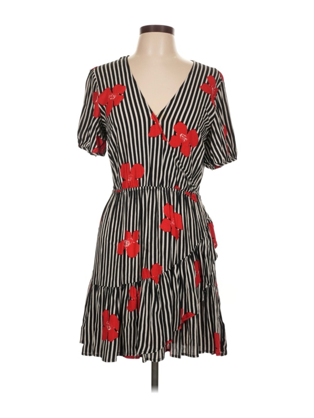 Madewell Black & White Striped Mini Summer Dress with Red Floral Print & Ruffles